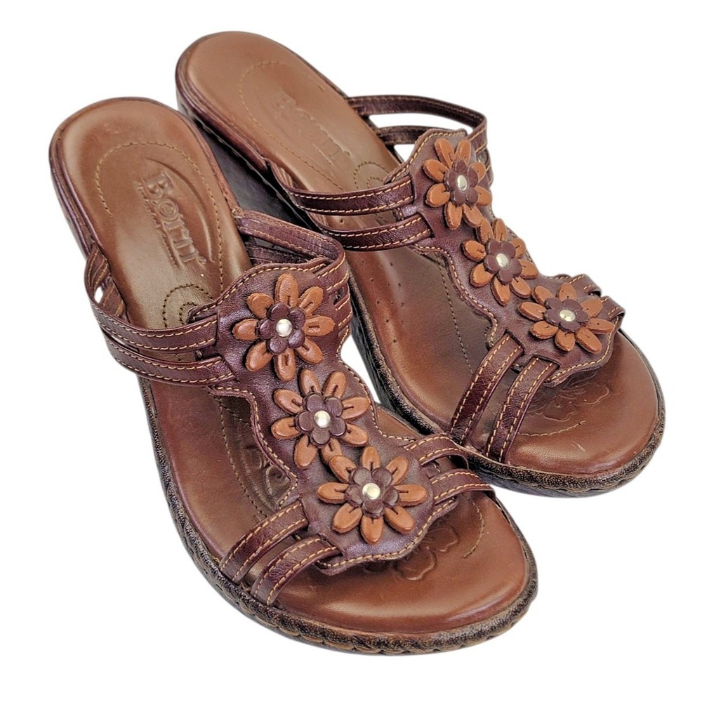 Born Daisy Flower Women's Floral Brown Leather Wedge Sandals Size EU 36.5 / US 6